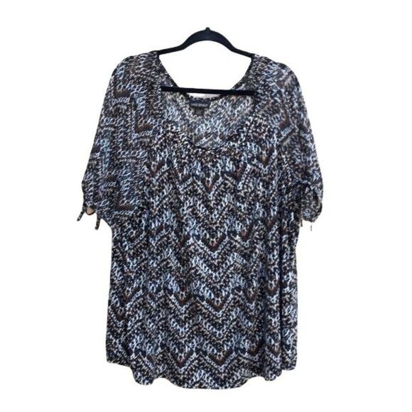 Lane Bryant Peasant Tribal Zigzag Scoop Neck 3/4 Puff Sleeve Top Brown Sz 26/28 - Picture 1 of 12